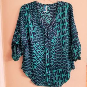 Francesca's Buttons Teal & Navy Blouse - Size Med